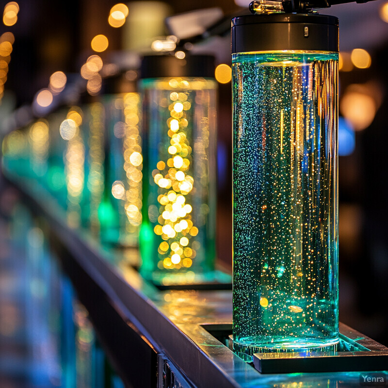 A row of cylindrical glass containers or bottles with particles suspended in a clear liquid.