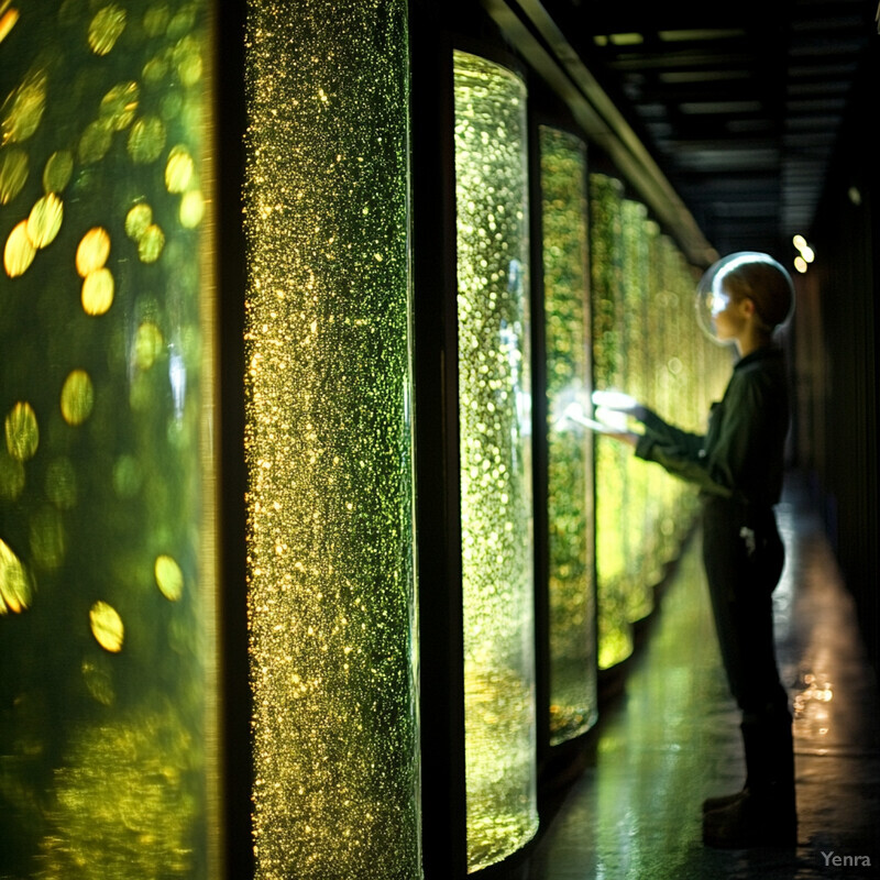 A person stands in front of a long hallway with large screens displaying green and yellow lights.