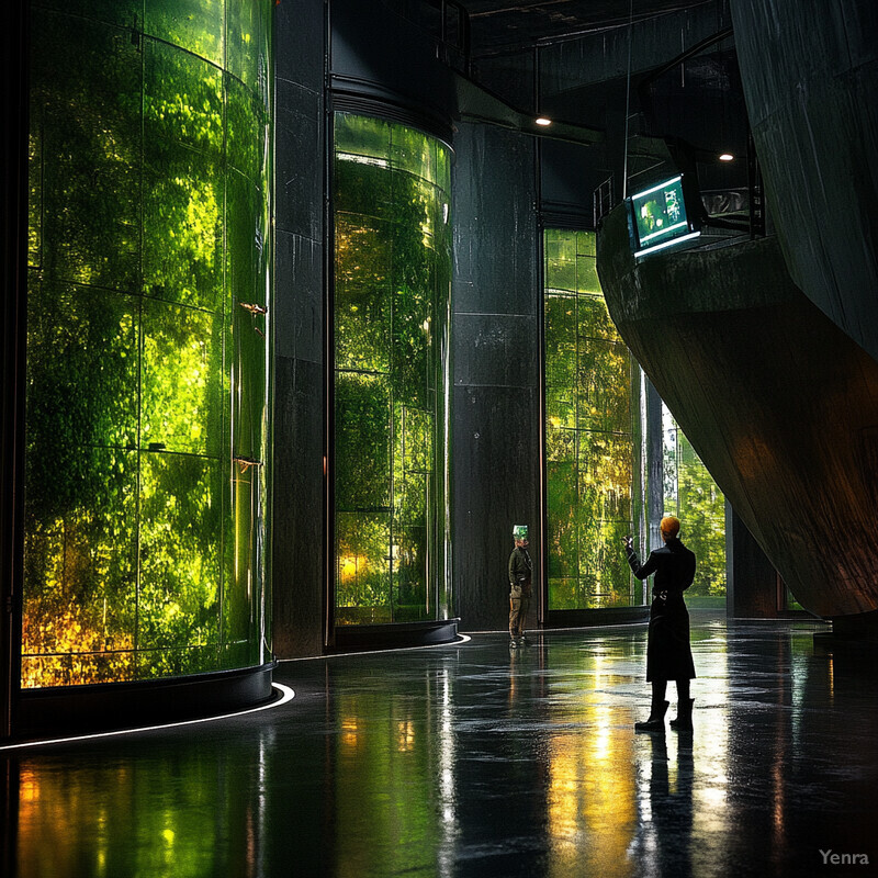 A futuristic room with large screens displaying green images of trees and faceless individuals.