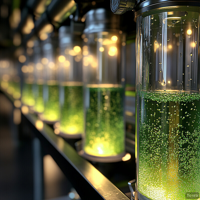 A row of cylindrical containers filled with a green liquid and small bubbles, possibly used for scientific research or experiments.