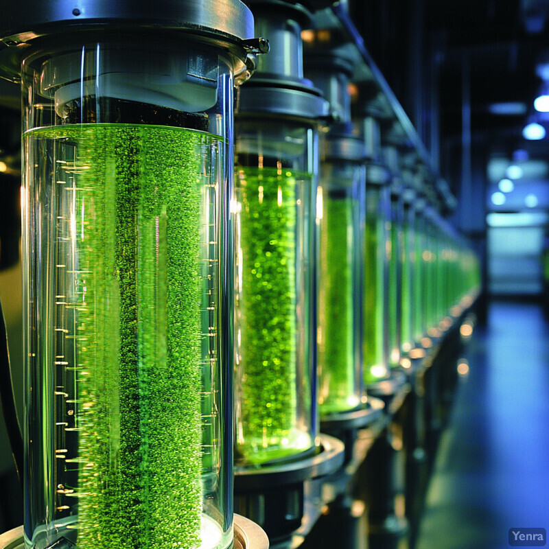 A row of cylindrical glass tubes filled with green liquid and containing microorganisms.