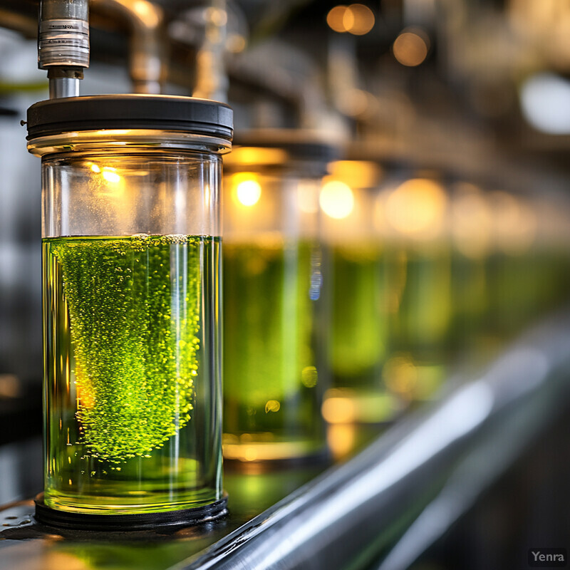 A series of glass containers filled with green liquid are arranged in a row on a metal surface.