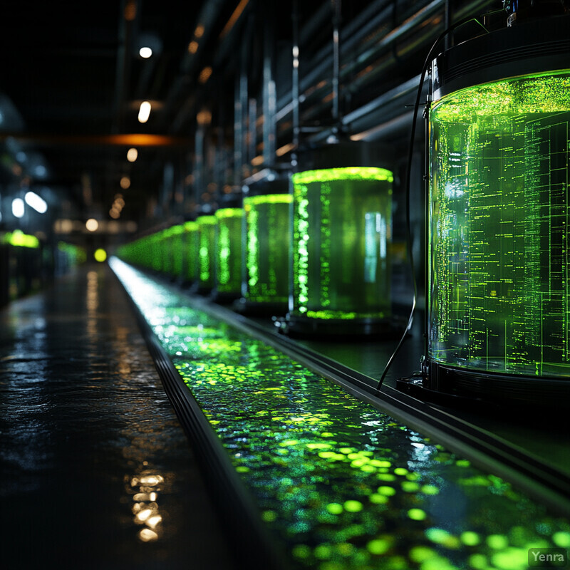 A large room filled with rows of cylindrical machines emitting a bright green glow.