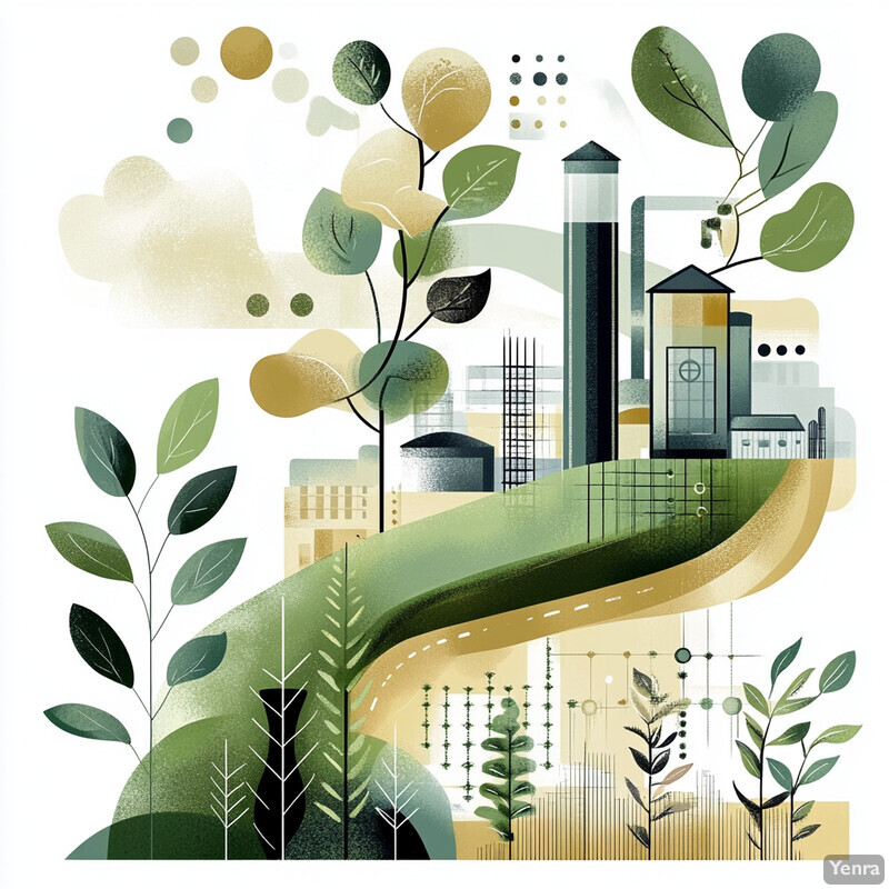 A stylized illustration of a cityscape with a green hill and various plants, highlighting harmony between nature and human development.