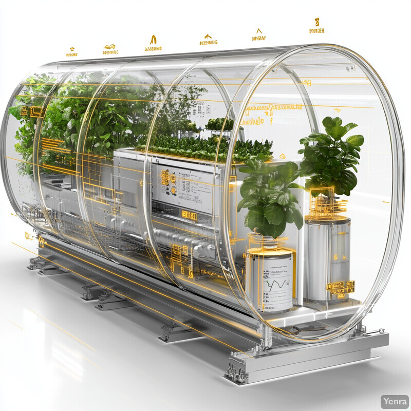 A futuristic greenhouse with transparent glass cylinder and green plants, set against a white background.