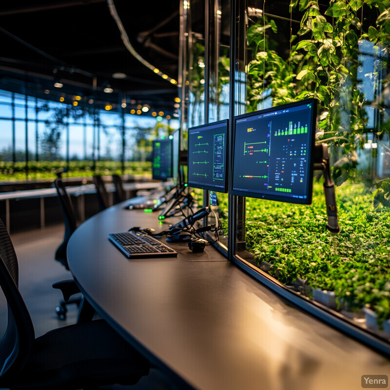 An office space with plants growing inside and a large screen displaying graphs and charts.