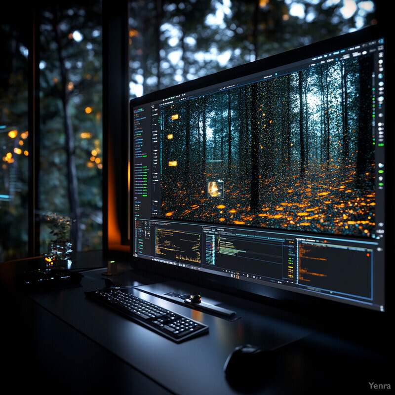 A computer monitor displaying code on its screen, accompanied by a keyboard and mouse on a desk in front of it.