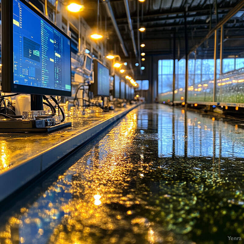 An industrial setting with computer monitors and wires on a long bar in front of large windows.