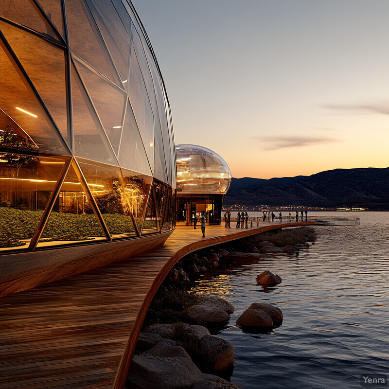 A futuristic building with a unique glass and wood exterior in an outdoor setting.