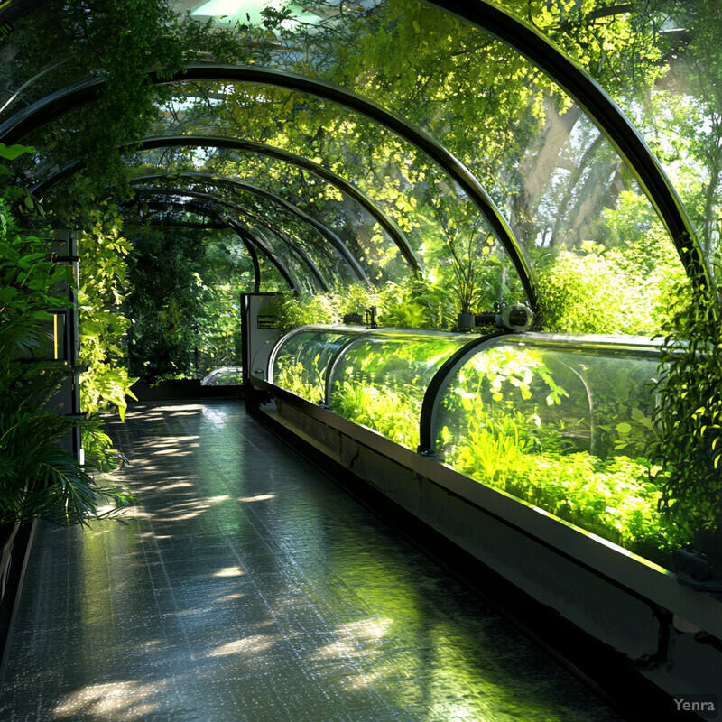 A serene and well-maintained greenhouse or indoor garden with lush greenery and modern touches.