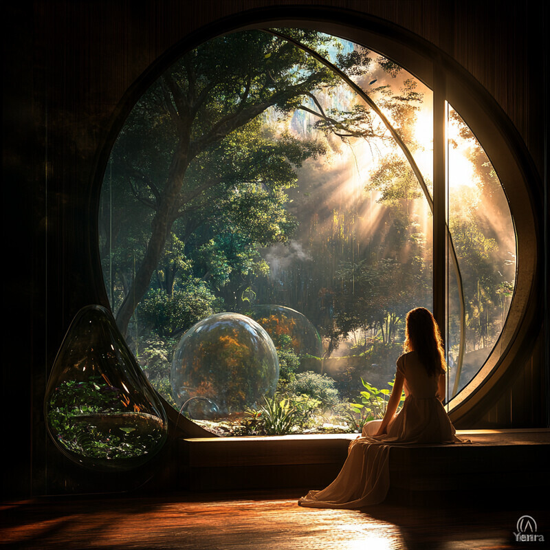 A serene and futuristic living room with a large circular window offering a view of a lush forest outside.