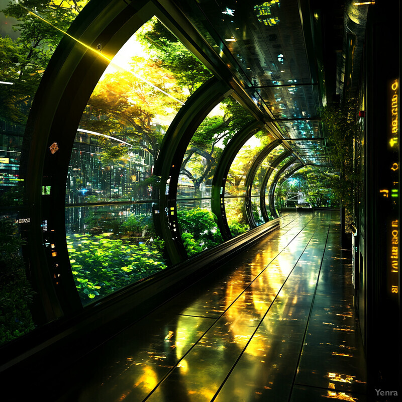 A futuristic tunnel with glass walls and ceilings, offering a view of lush greenery outside.