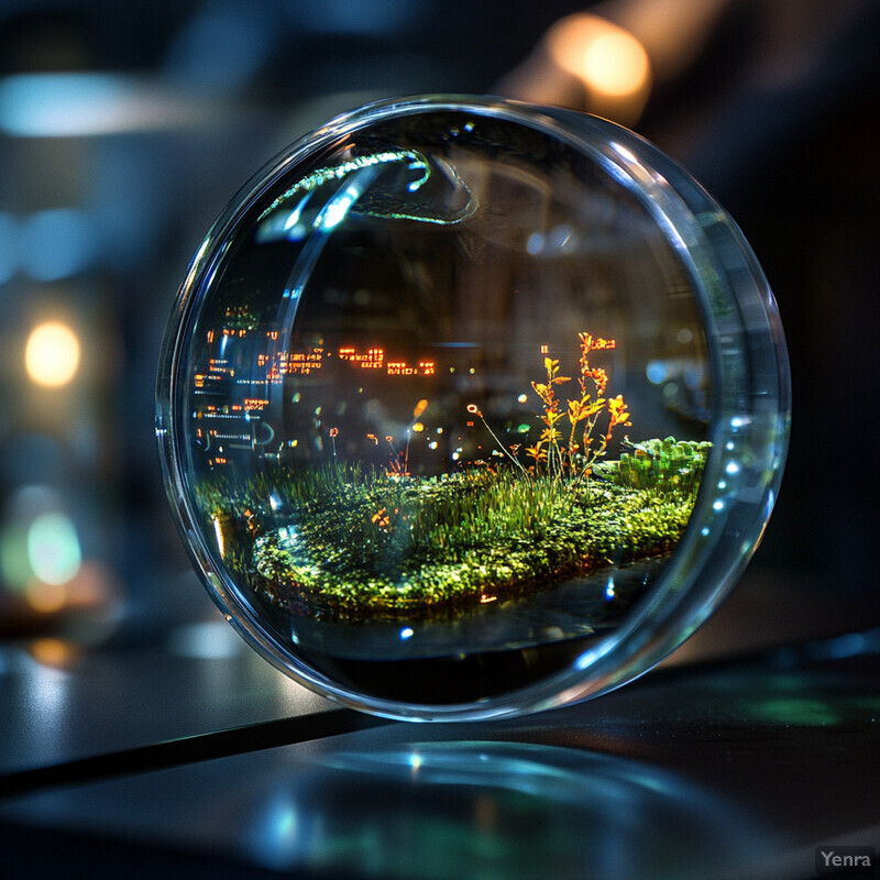 A glass sphere containing a miniature landscape with grass and flowers on a dark-colored surface.