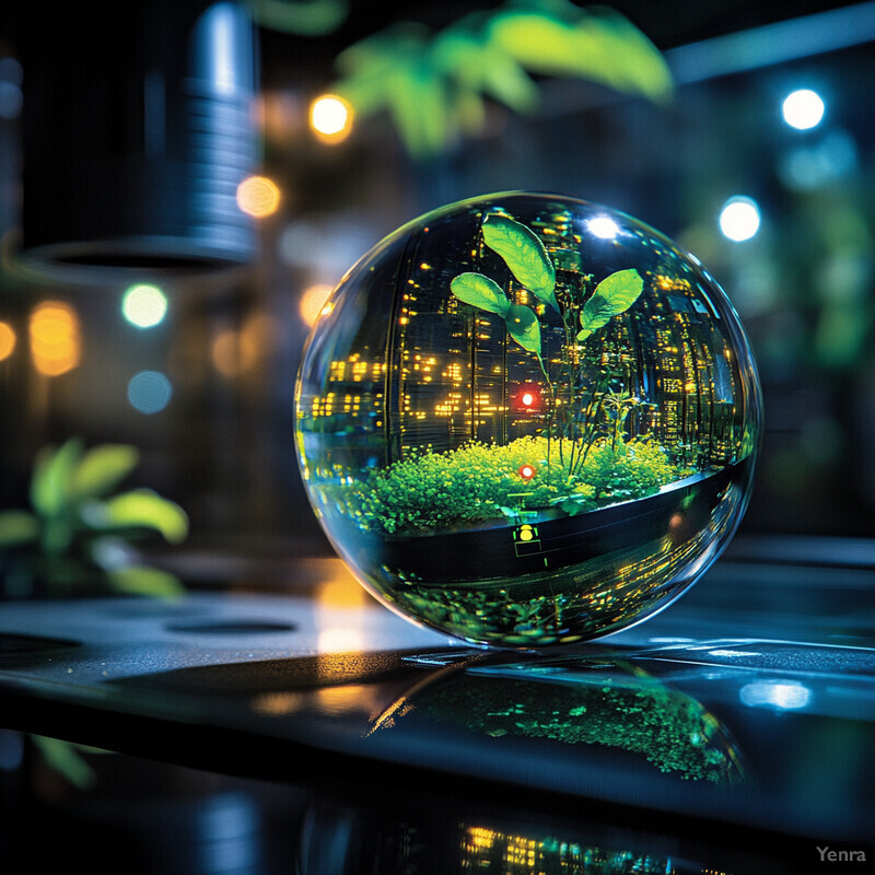 A glass sphere containing a small plant with green leaves and a black base is placed on a reflective surface in an outdoor setting.