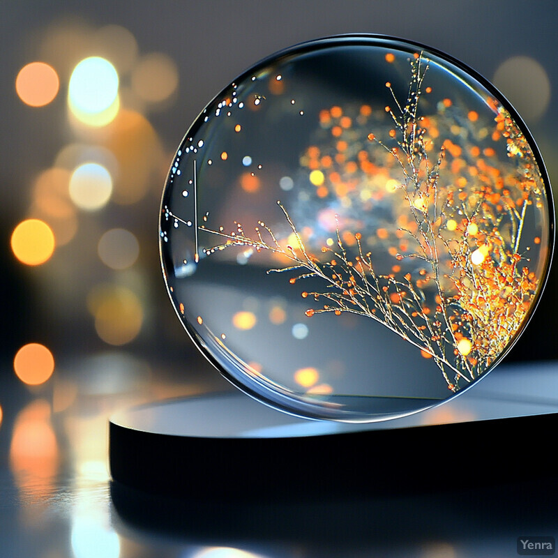 A close-up view of a glass or crystal sphere with an intricate arrangement of gold-colored branches and orange dots inside.