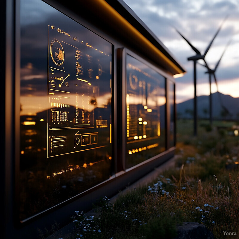 A futuristic building with energy consumption optimization graphs and wind turbines in an open field.