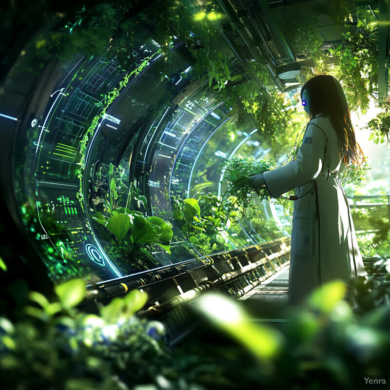 A futuristic laboratory with a woman in a white lab coat examining a plant-like organism.