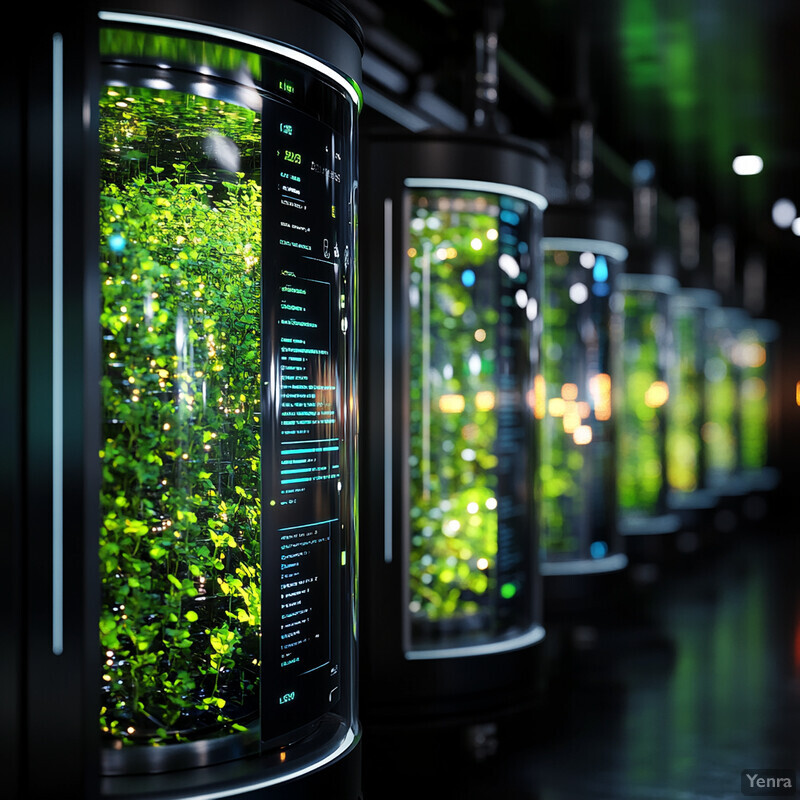 A futuristic laboratory or research facility features rows of cylindrical containers filled with a lush green plant-like substance, equipped with digital interfaces.