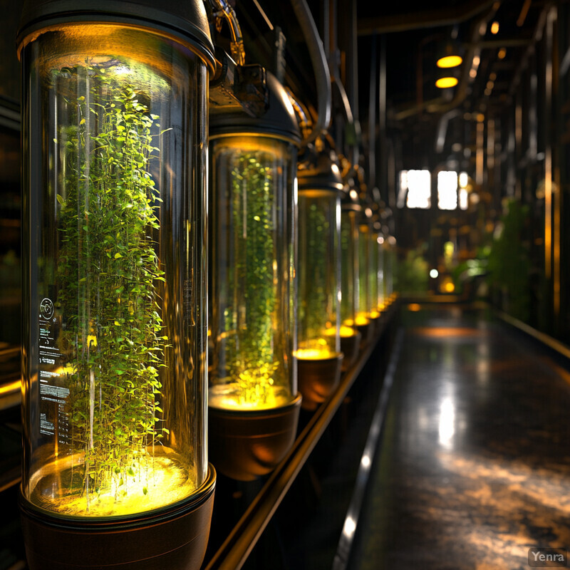 A row of glass containers filled with water and containing various types of plants or algae.