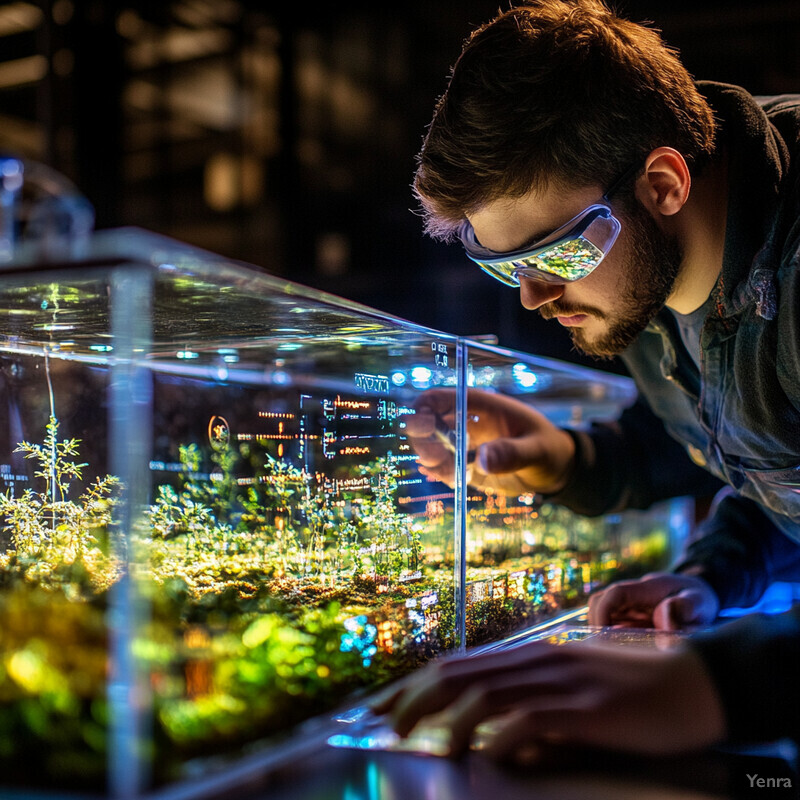 A man examines a terrarium with various plants through a glass case.