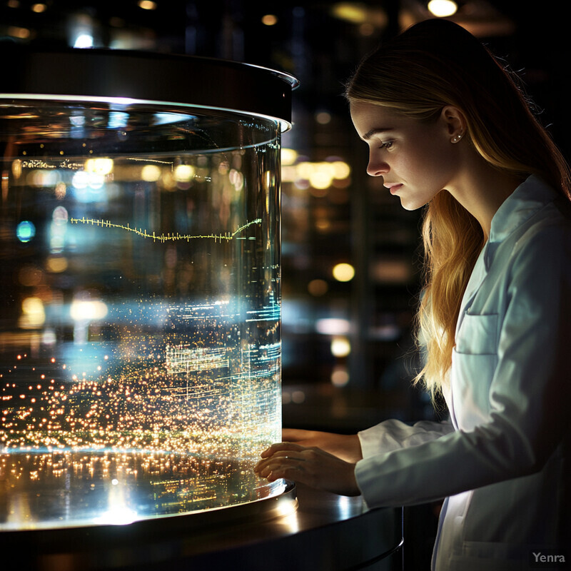 A woman in a lab coat stands in front of a large glass cylinder containing a cityscape at night.