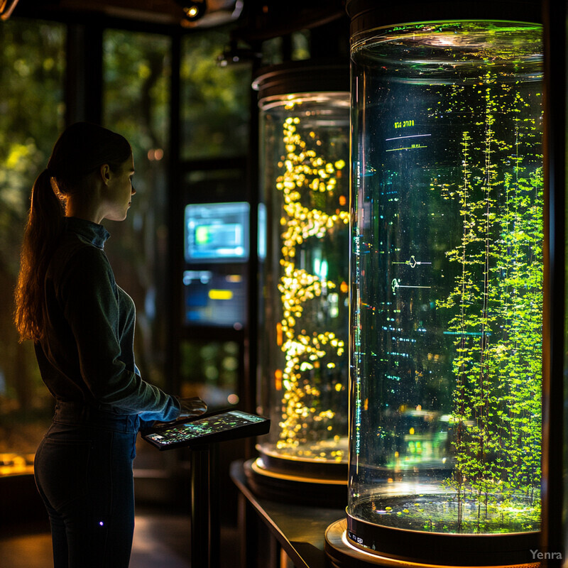 A woman stands in front of three glass cylinders displaying different aspects of algae growth and behavior.