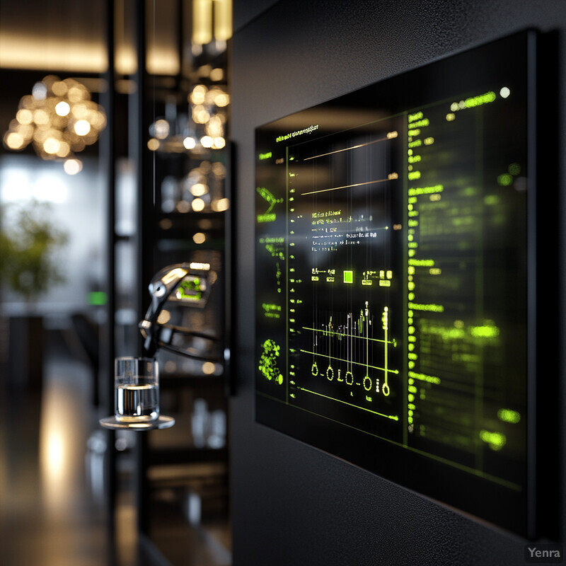 A modern kitchen with a large black screen displaying a graph and a silver faucet.