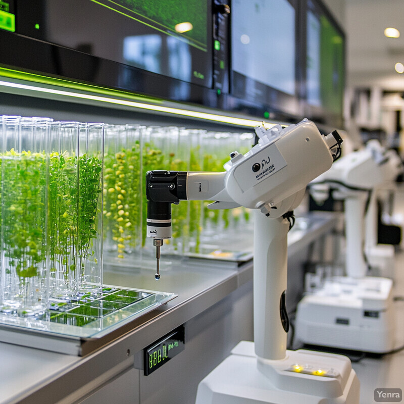 A laboratory with robotic arms and glass containers holding plants, suggesting advanced technology and scientific research.