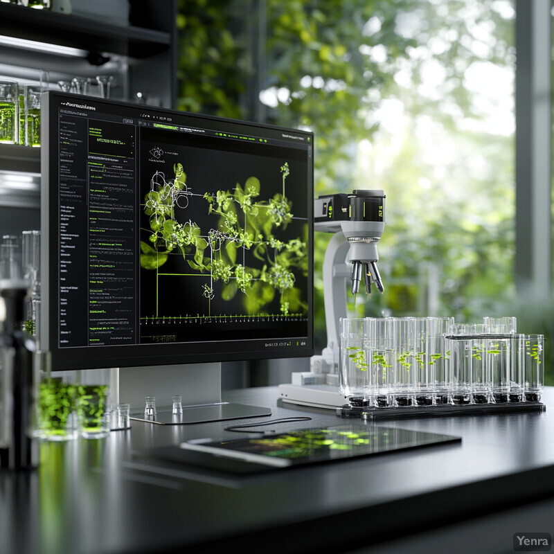 A computer monitor displays a 3D model of plant growth in a laboratory setting with various laboratory equipment and green liquid-filled glass beakers or test tubes.