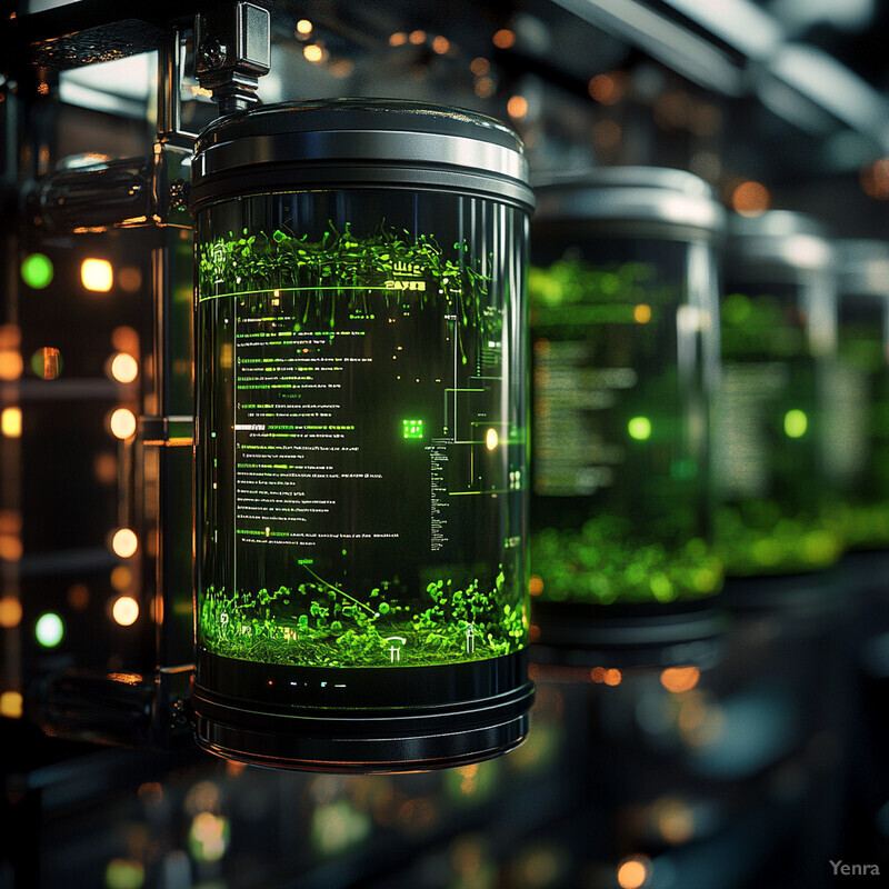 A futuristic laboratory setting with rows of cylindrical containers filled with a greenish-tinted liquid.