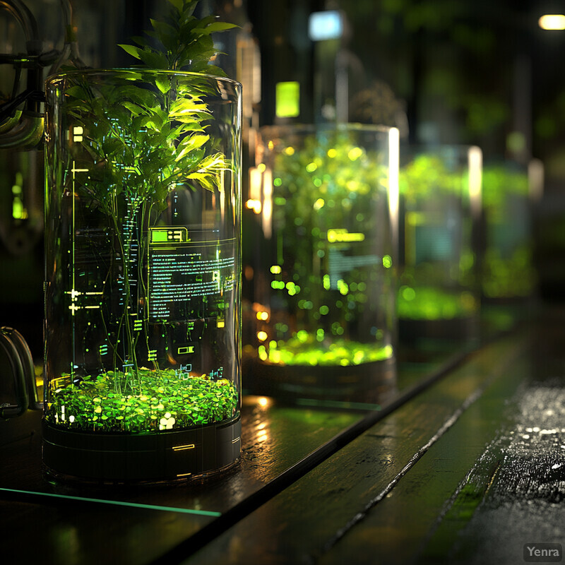 A futuristic laboratory or greenhouse setting where plants are grown in advanced glass containers under controlled conditions.