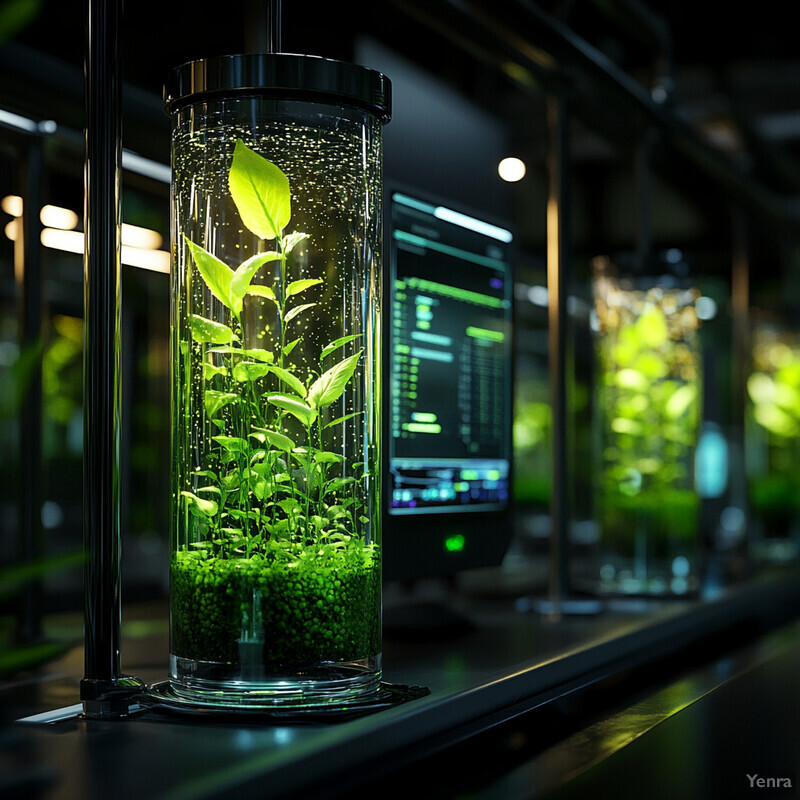 A laboratory setting with a glass container holding a plant surrounded by small green beads, possibly part of an experiment or research project.