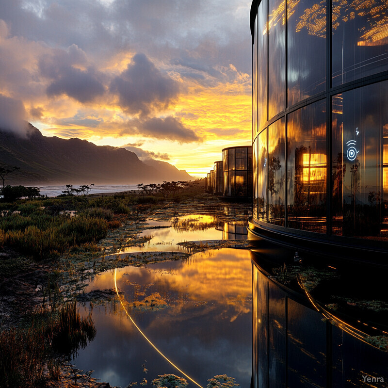 A futuristic glass building nestled in the mountains at sunset.