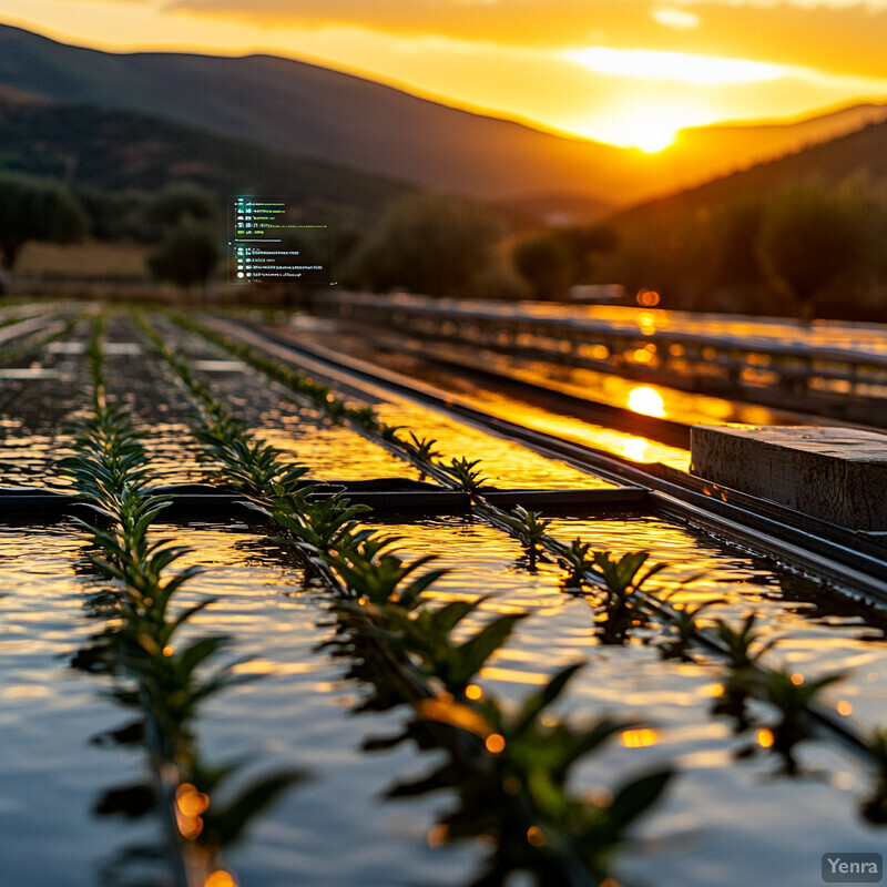 A peaceful landscape with rows of plants growing in water, set against the backdrop of rolling hills and trees.