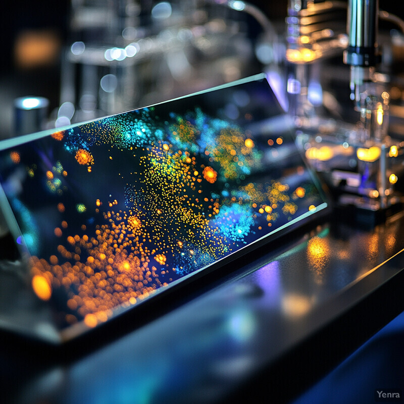 A rectangular glass or plastic object with yellow dots on a dark wood table in a laboratory setting.