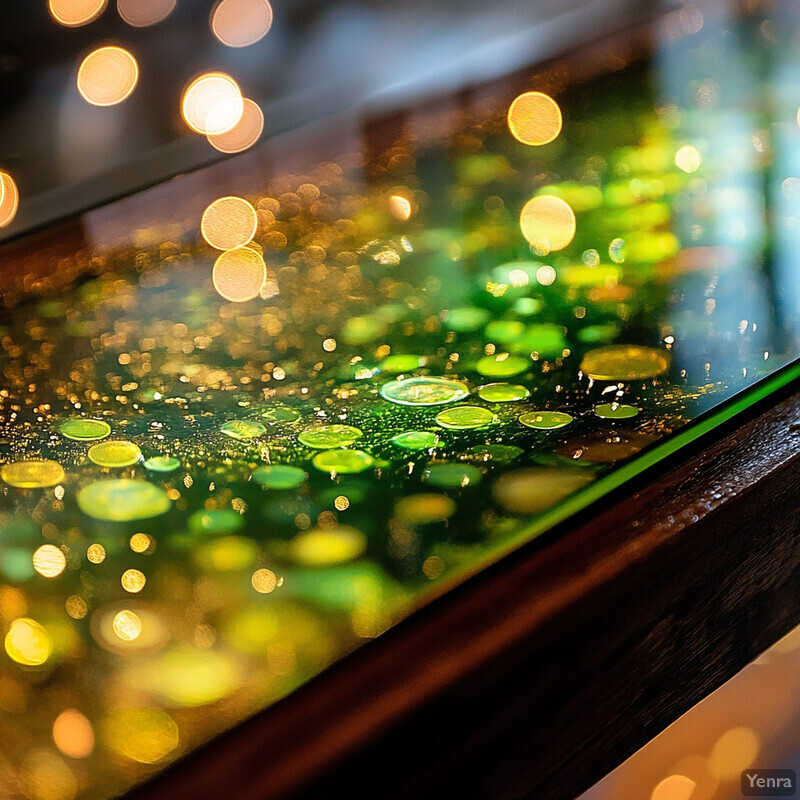 A close-up view of a wooden-framed object with a glass surface reflecting various colored lights and objects.