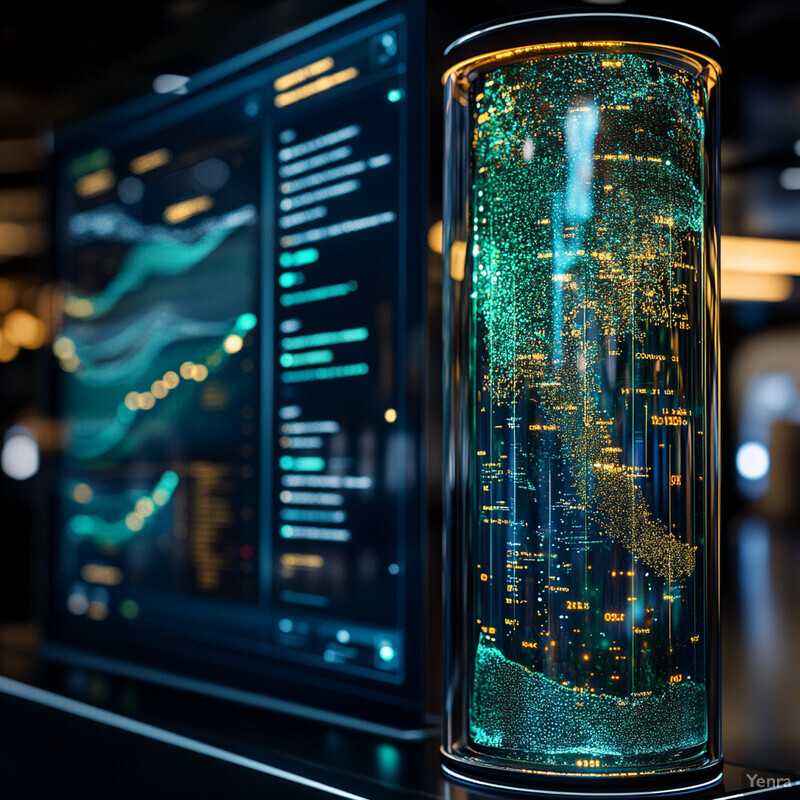 A glass cylinder containing a complex network of teal and gold lines, possibly representing real-time water quality data.