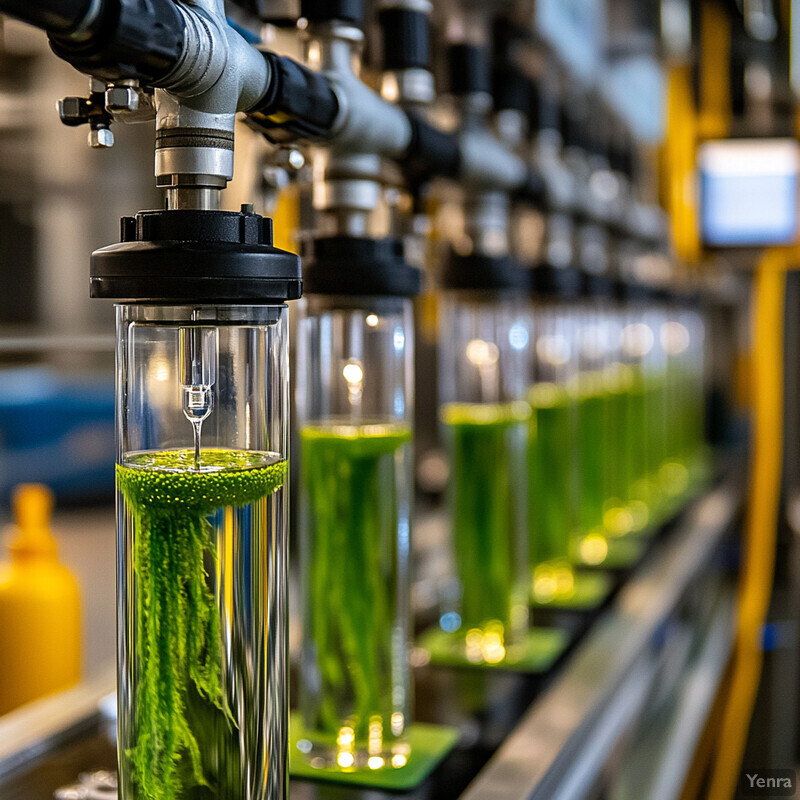 Industrial equipment with green liquid-filled cylinders connected by silver pipes in a laboratory or factory.