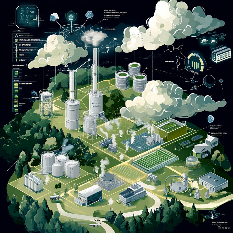 The image shows a detailed view of an industrial facility with multiple buildings, pipes, and tanks, as well as various graphics and symbols.