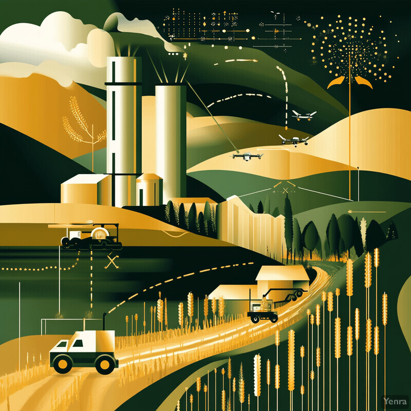 An illustration of a supply chain integration process in agriculture, showcasing various elements working together to ensure efficient production and distribution.