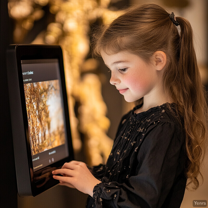 A young girl stands in front of an interactive display screen at a museum or art gallery, engaged in an educational activity.