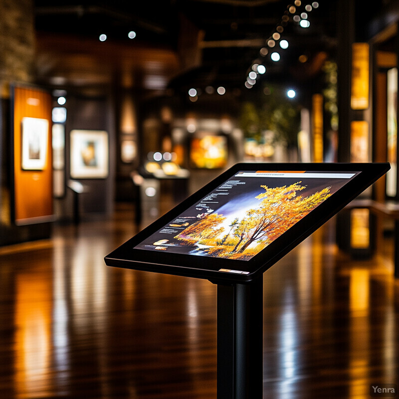 An information display in a museum or gallery setting displaying a picture of a tree with yellow leaves against an orange background.