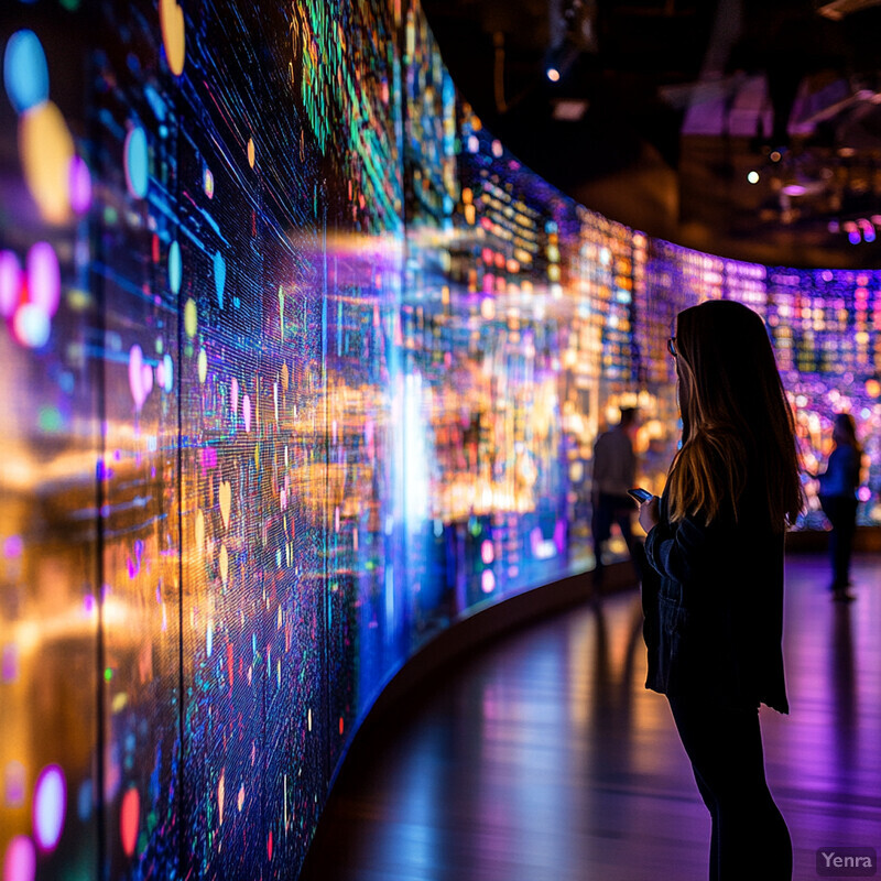 A woman stands in front of a large, curved screen displaying a vibrant digital art piece.