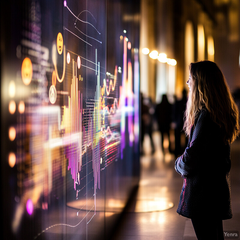 A woman stands in front of a large screen displaying complex data visualizations, suggesting an analysis or presentation.