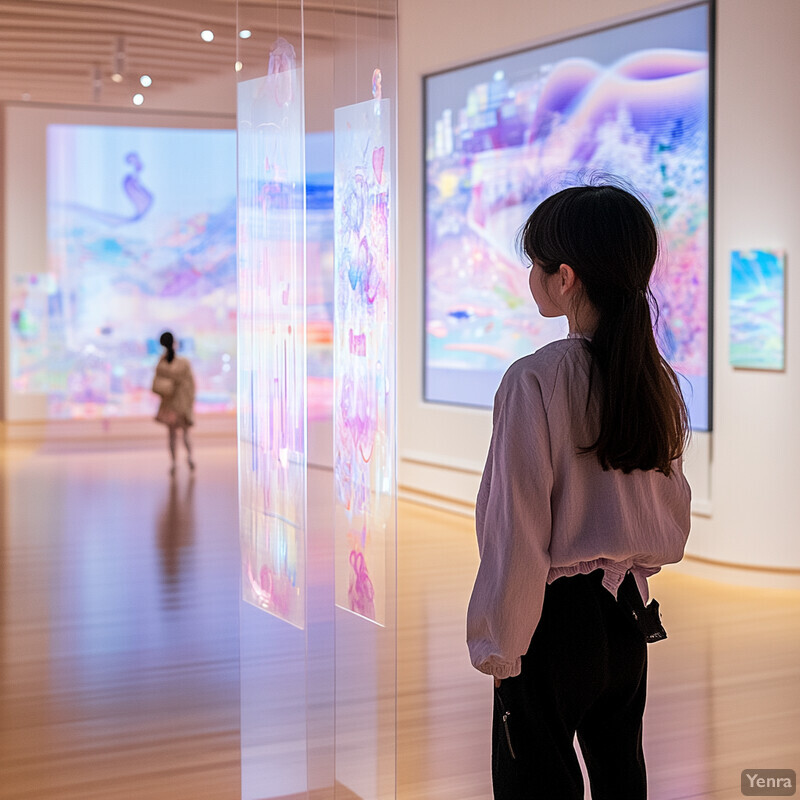 A young girl admires a large abstract painting in an art gallery or museum.