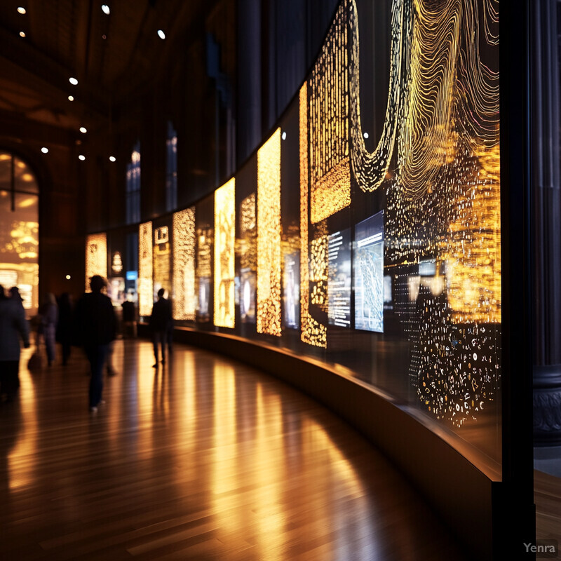 A spacious room with large curved screens displaying unique patterns and designs.