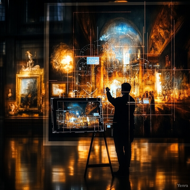 A man stands in an art gallery, surrounded by various paintings and illuminated by a bright light.