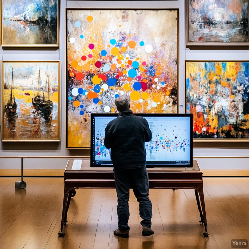 An older man is examining digital artwork on a monitor in front of various paintings.