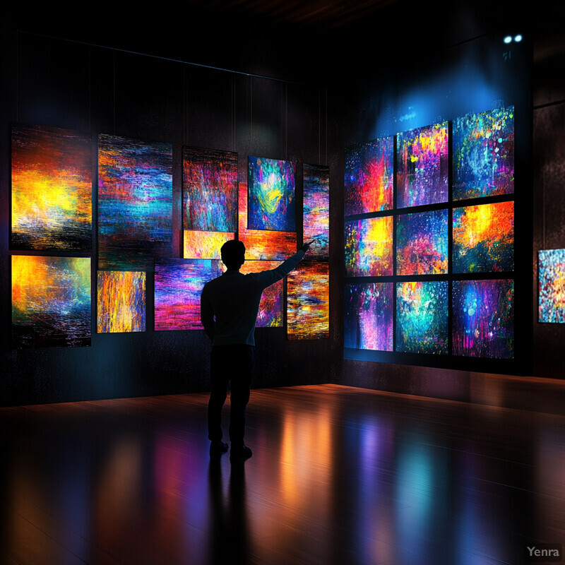 A man stands in front of a wall covered with abstract paintings, gazing intently at one of them.