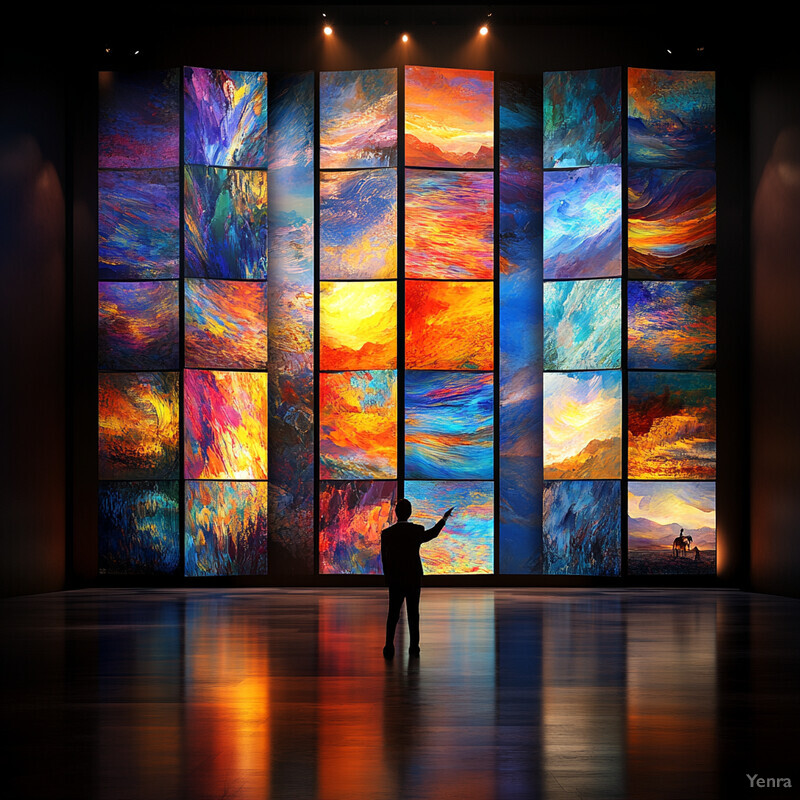 A large room with a striking wall of abstract art, featuring a person in silhouette holding their arms outstretched.